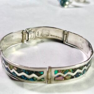 Los Ballesteros Taxco Sterling Silver Abalone Inlay Hinged Bangle Bracelet 925